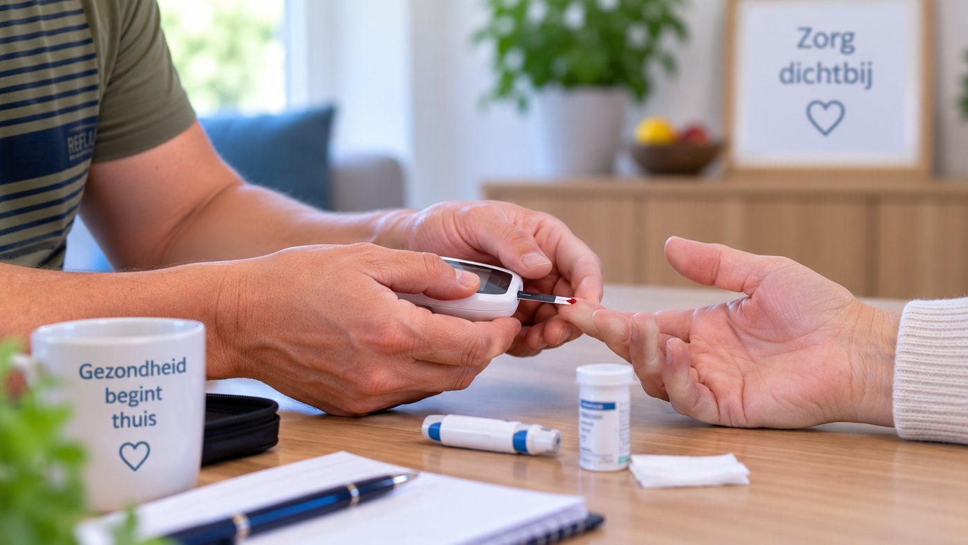 Vingerprik met een bloedglucosemeter op een keukentafel