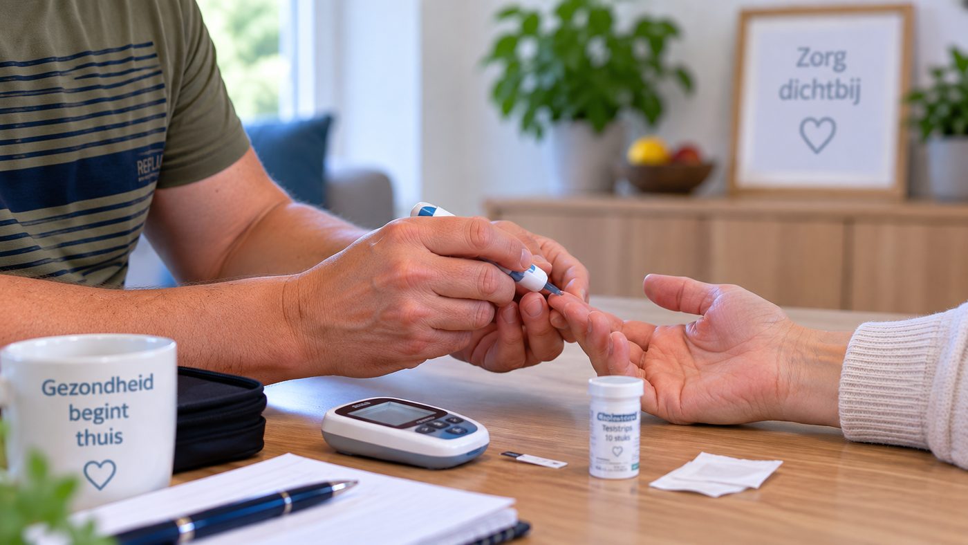 Vingerprik voor een cholesteroltest, met de teststrips op een keukentafel.